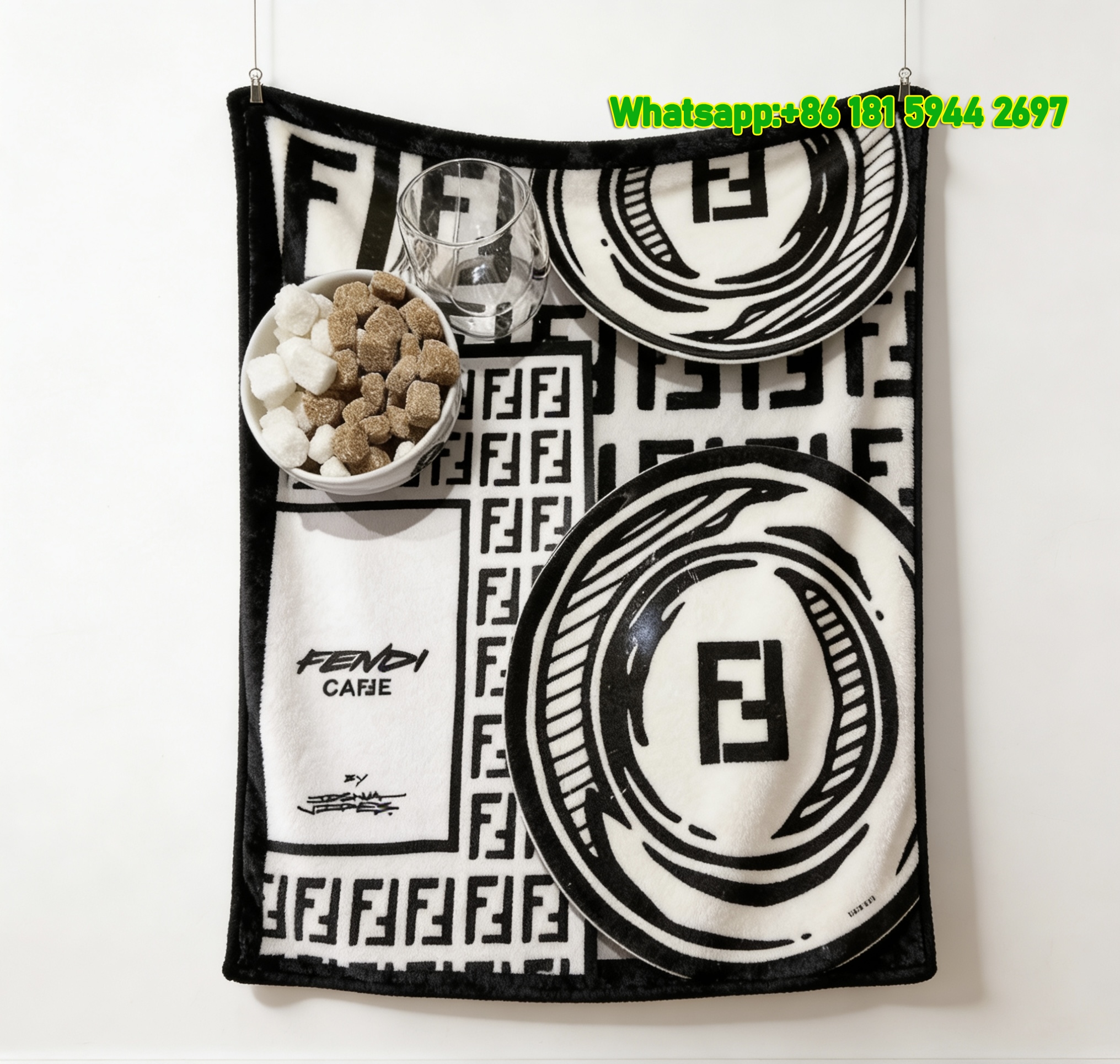 Fendi Caffé Black & White FF Monogram Flannel Throw Blanket IMG_9630